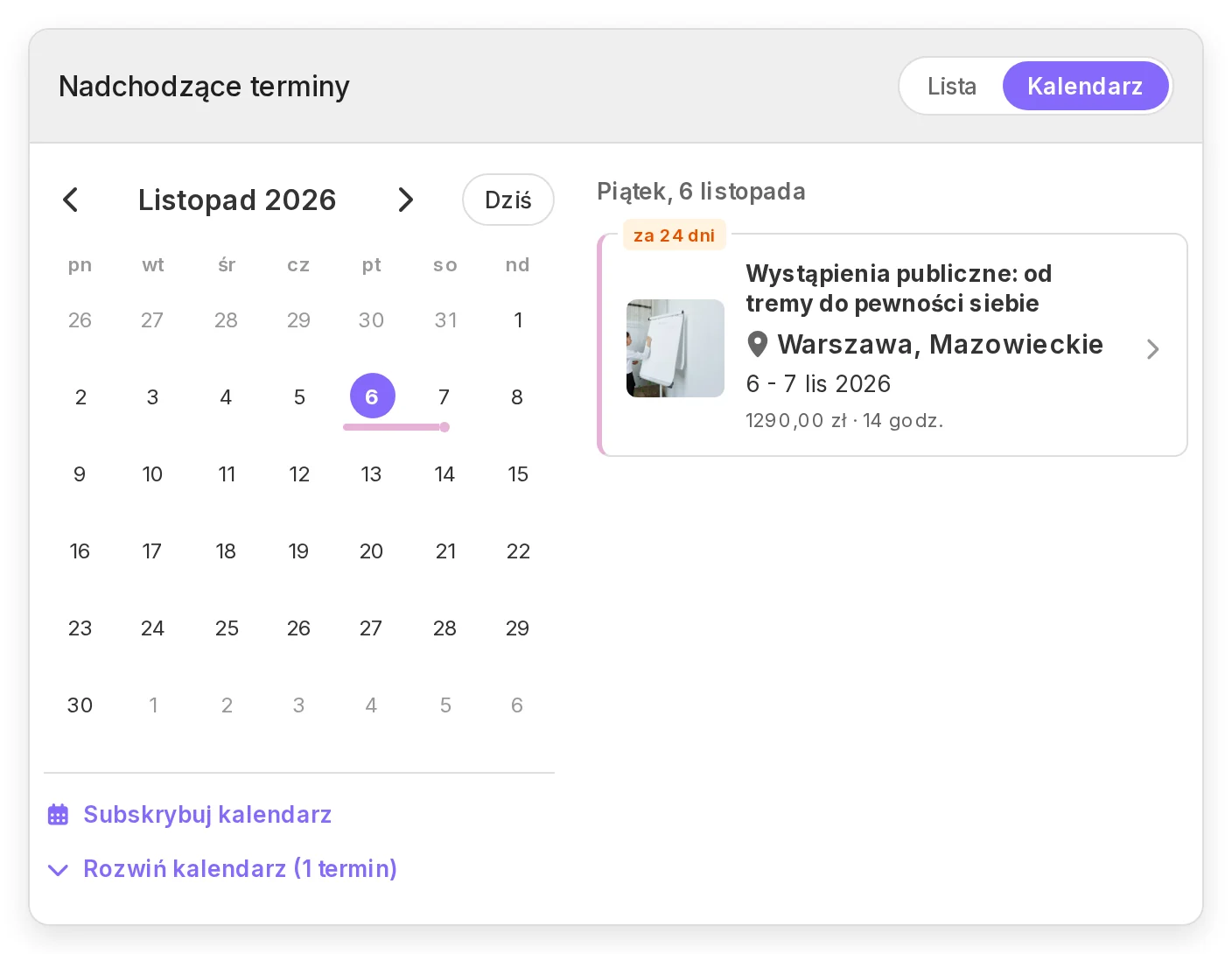 Karta „Nadchodzące terminy” na wizytówce w widoku „Kalendarz”: miesiąc z oznaczonym dniem terminu, a obok ten termin z miejscem, datami i ceną.