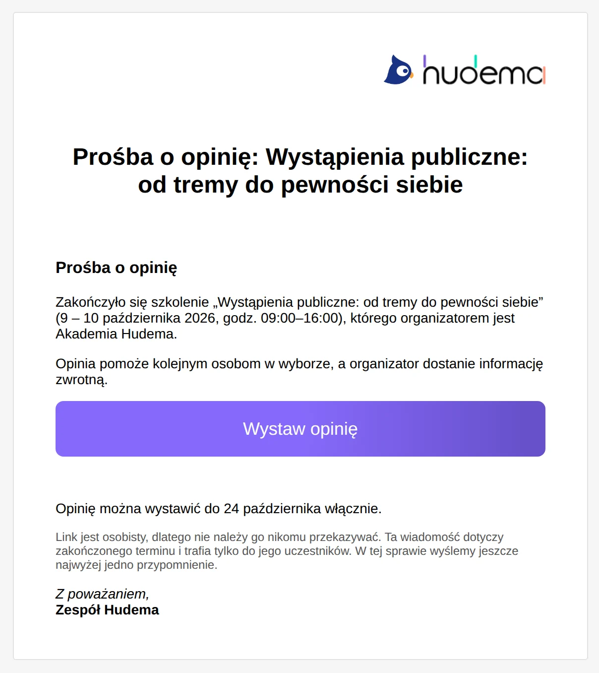 E-mail „Prośba o opinię” po zakończonym szkoleniu: nazwa i daty terminu oraz przycisk „Wystaw opinię”.