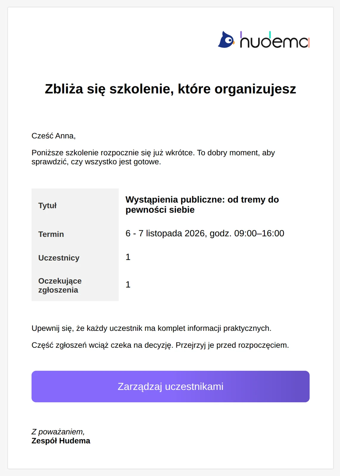 E-mail dla organizatora przed terminem: nazwa oferty, daty, liczba uczestników i oczekujących zgłoszeń oraz przycisk „Zarządzaj uczestnikami”.