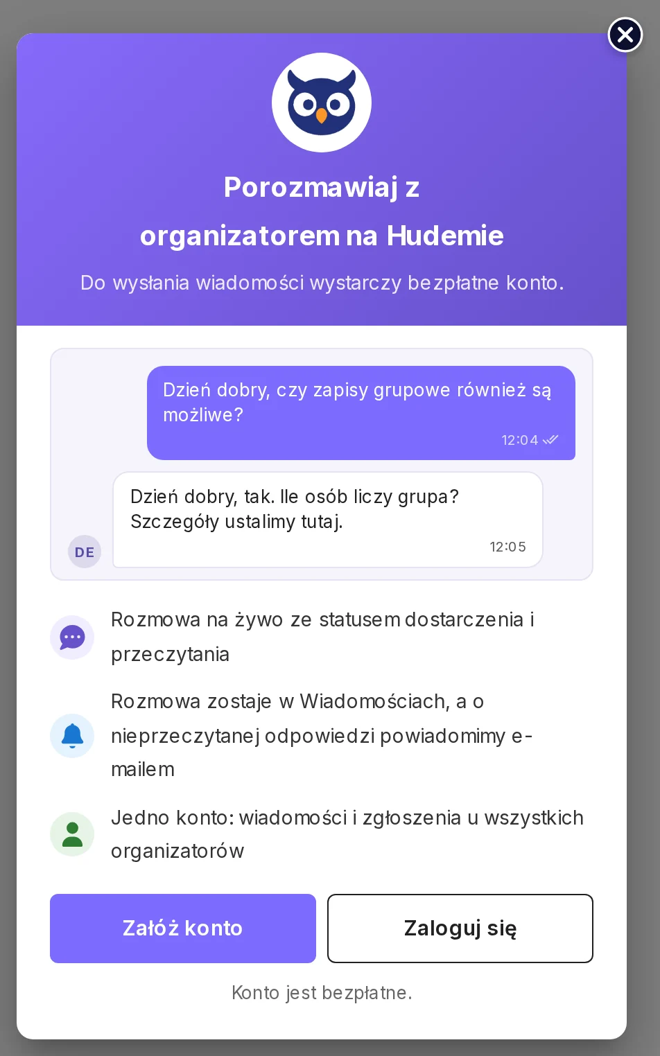Okno „Porozmawiaj z organizatorem na Hudemie”: przykładowa rozmowa, korzyści z konta oraz przyciski „Załóż konto” i „Zaloguj się”.