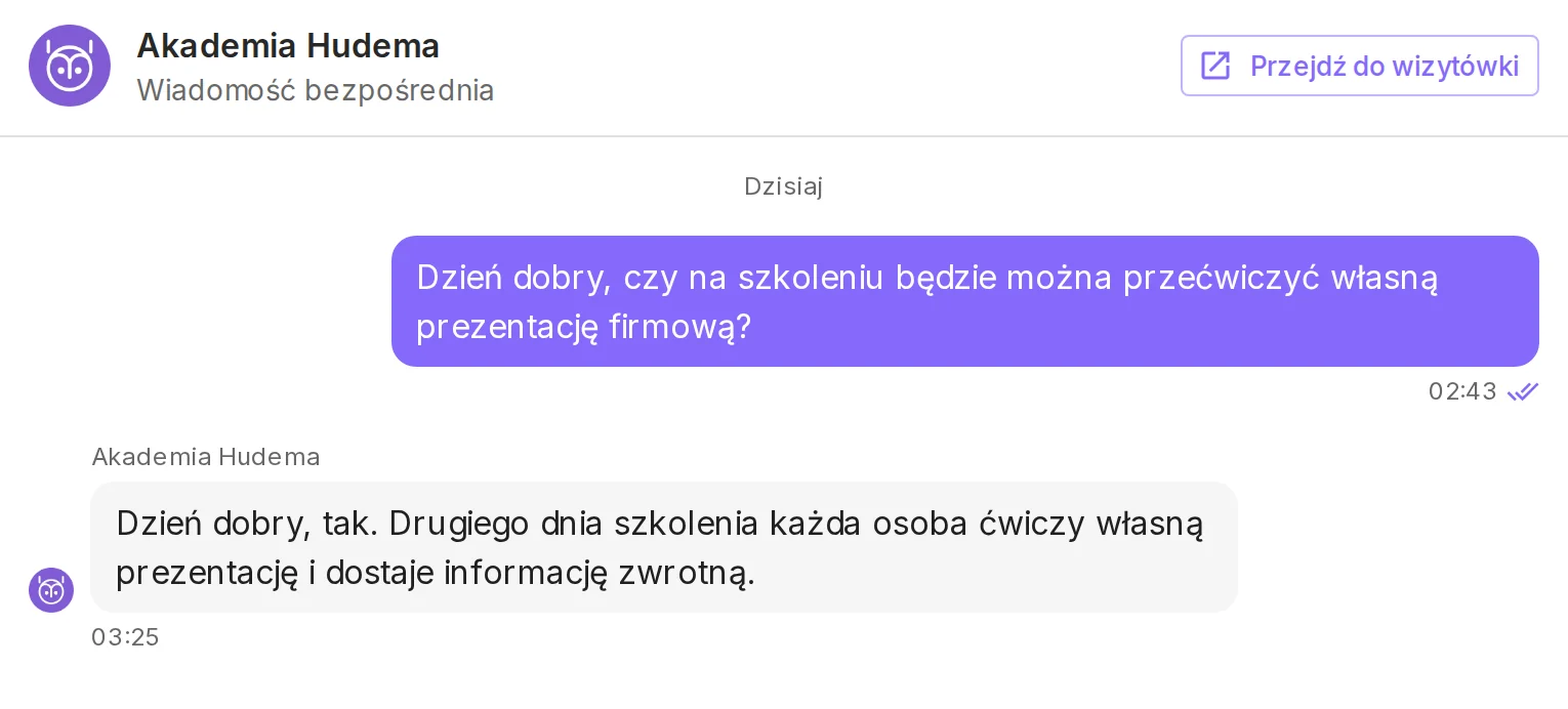 Rozmowa z organizatorem w „Wiadomości” w profilu: pytanie o szkolenie i odpowiedź organizatora.