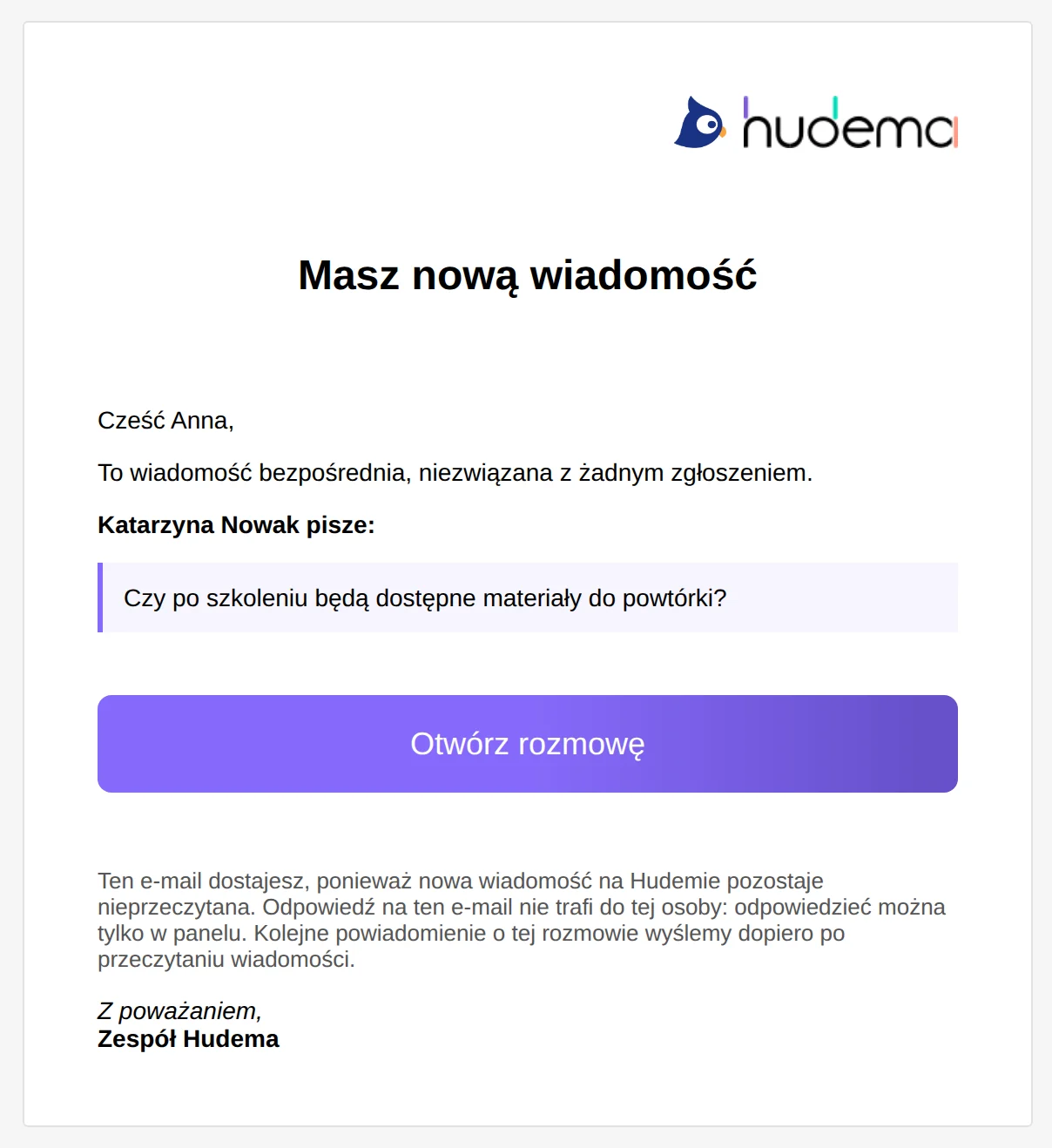 E-mail „Masz nową wiadomość” dla organizatora: informacja, że to wiadomość bezpośrednia, treść pytania i przycisk „Otwórz rozmowę”.